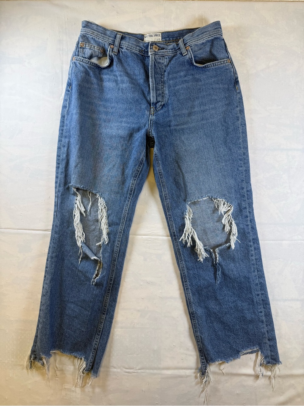 We The Free Distressed Mid Blue Relaxed Maggie Mid-Rise Straight Leg Jeans